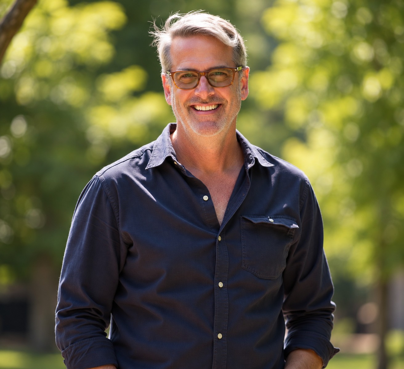 Jeff smiling outdoors in a navy shirt